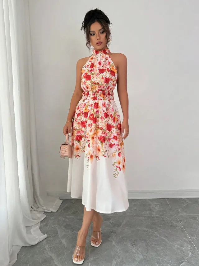 Small Floral Off shoulder Slim fit Midi Dress Floral - Shop at LoveMi