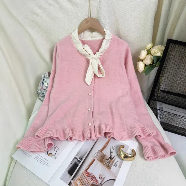 Women's Knit Cardigan Bow Tie Sweater Pink - Shop at LoveMi