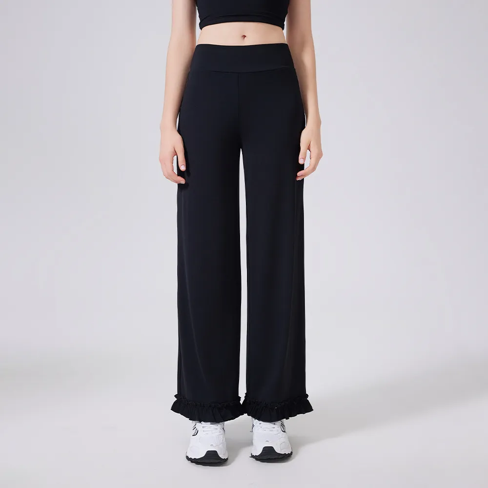 High Waist Belly Contracting Lace Loose Casual Straight Trousers - Black