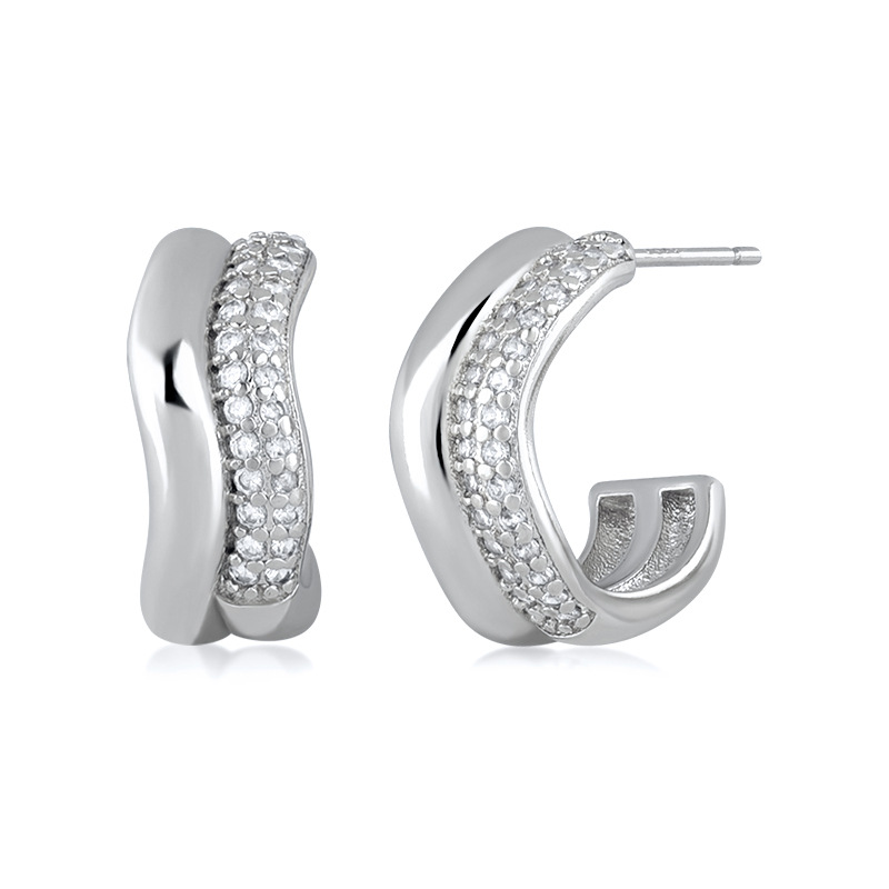 Sterling Silver Needle Retro C- Shaped Earrings Classic Inlaid Zircon High-grade Ear Studs