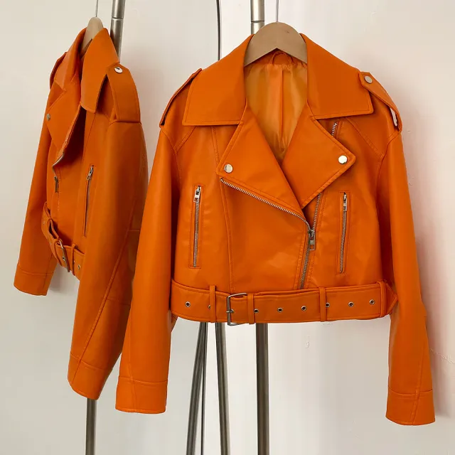 Women's Spring And Autumn Lapel Short Fashionable Casual Figure Flattering Leather Coat Orange - Shop at LoveMi