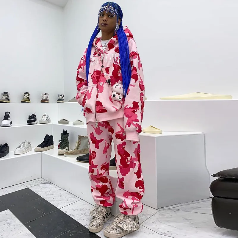 New Loose Straight Ankle-tied Trousers Cross-border American Irregular Pattern Print Hooded Suits Women - Red