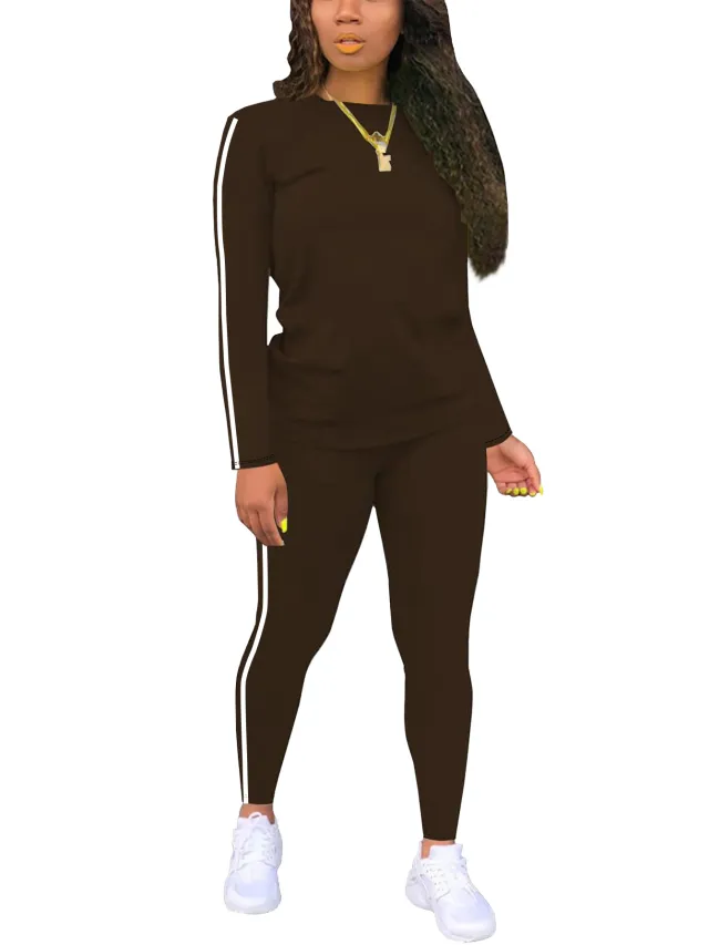 Women's Round neck Long sleeve Top And Pants Two piece Set Brown - Shop at LoveMi