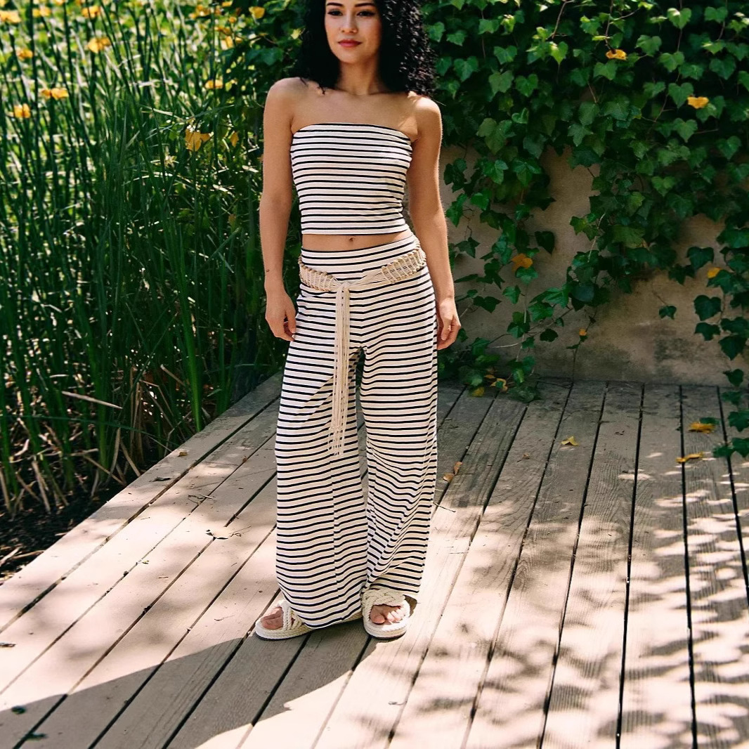 Women's Striped Matching Set in Dark Green – Full Length View