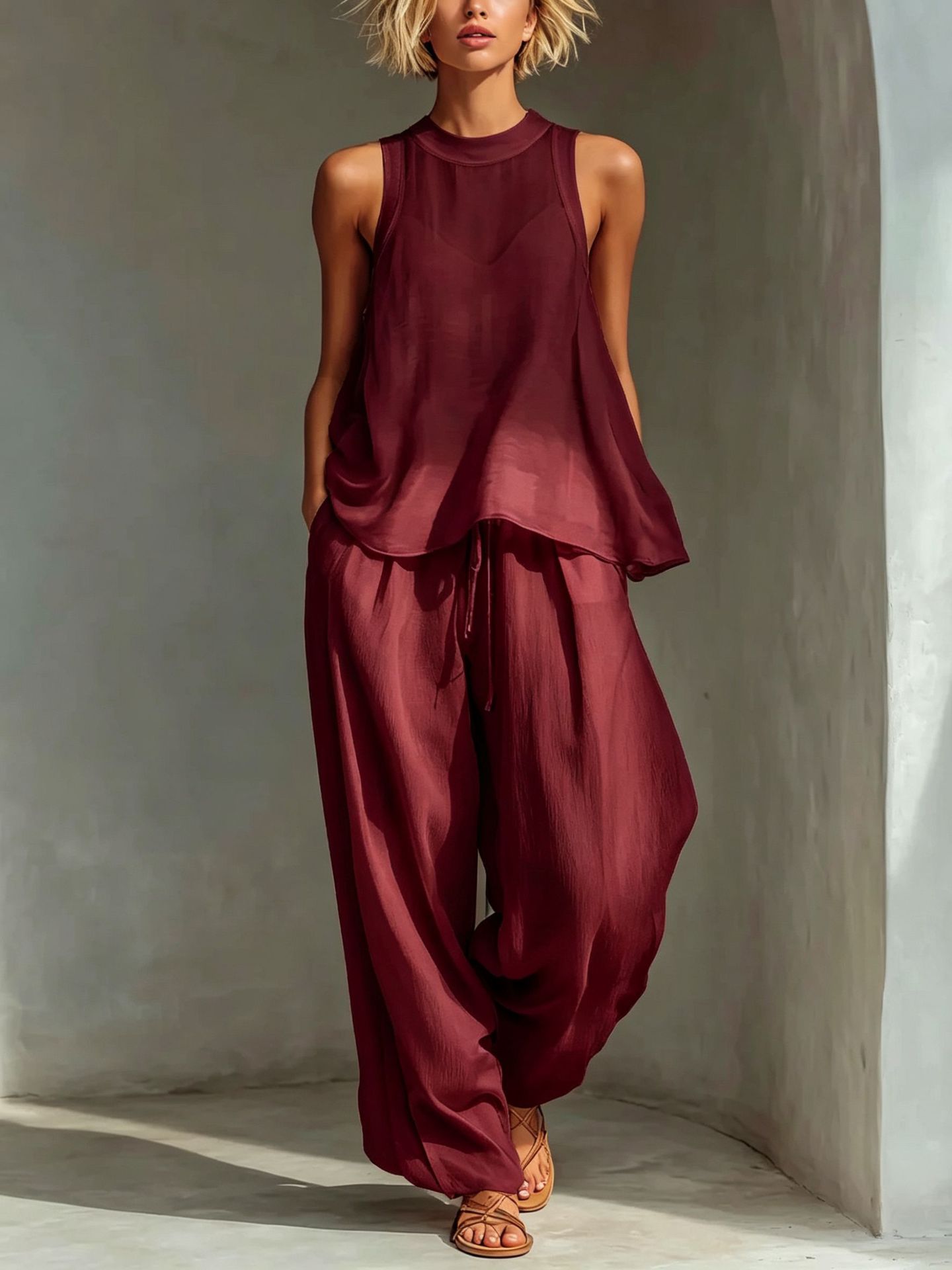 Sheer chiffon tank top and wide-leg pants set Wine Red colorway – women's boho casual two-piece summer outfit