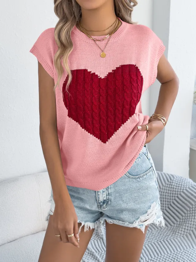 Women's Color blocked Love Casual Loose Knit Sweater Top Pink - Shop at LoveMi