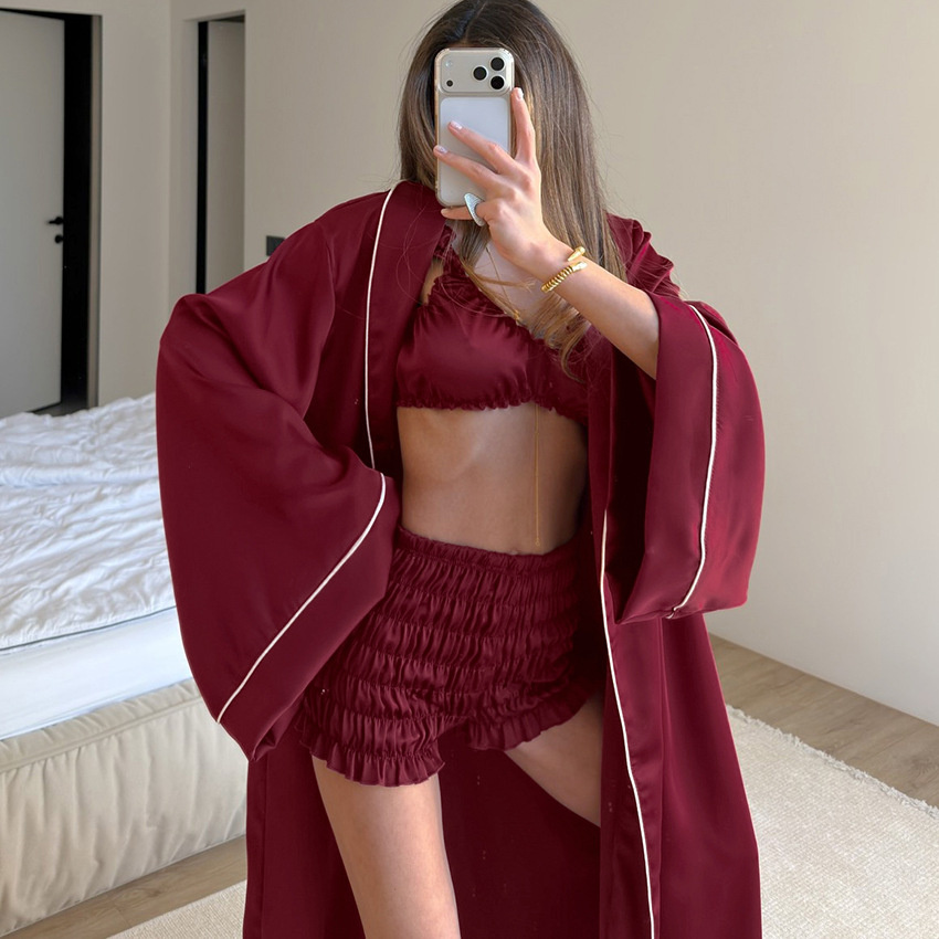 Satin High-end Long-sleeve Nightgown Lingerie And Shorts Pajama Set