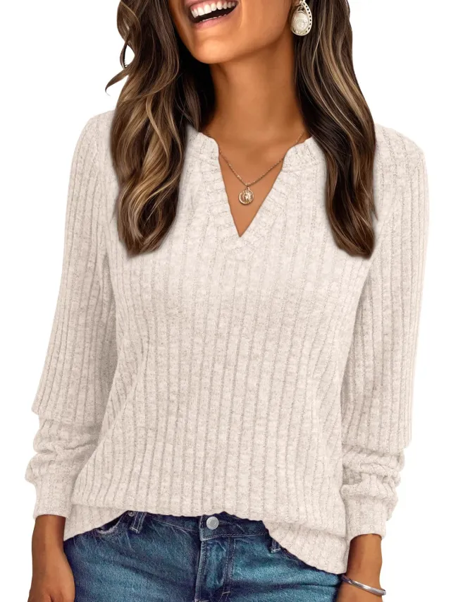 Women's V neck Sunken Stripe Brushed Solid Color Top Apricot - Shop at LoveMi