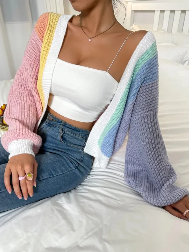 Women's Patchwork Design Fashion Loose Cardigan Pink Blue - Shop at LoveMi