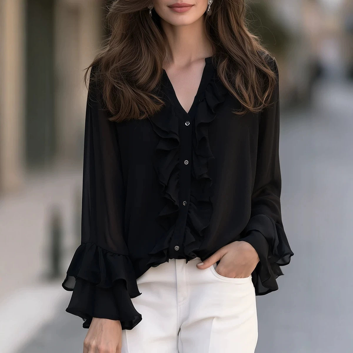 Arrival Retro-Style Ruffled Collar And Flounced Hem Loose-Fit Blouse For Women