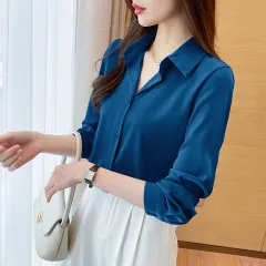 High-grade Non-ironing Anti-wrinkle Shirt Women's Solid Colour Acetate Shirt - Peacock Blue - View 1