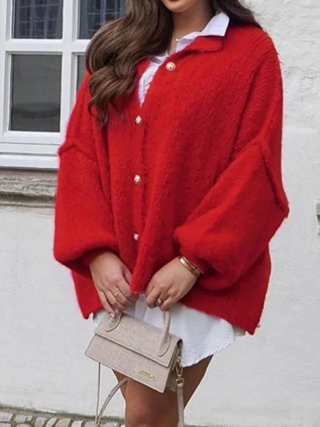 Autumn And Winter Solid Color British Style Vintage Button Cardigan Batwing Sleeve Sweater Coat Red - Shop at LoveMi