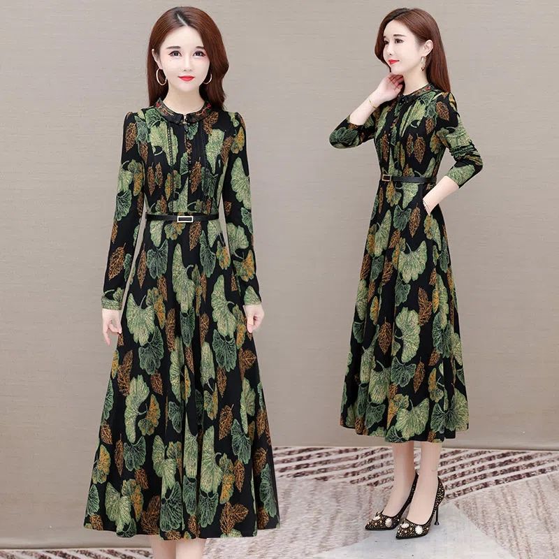 Womens Long Floral-print Dress For Spring And Fall
