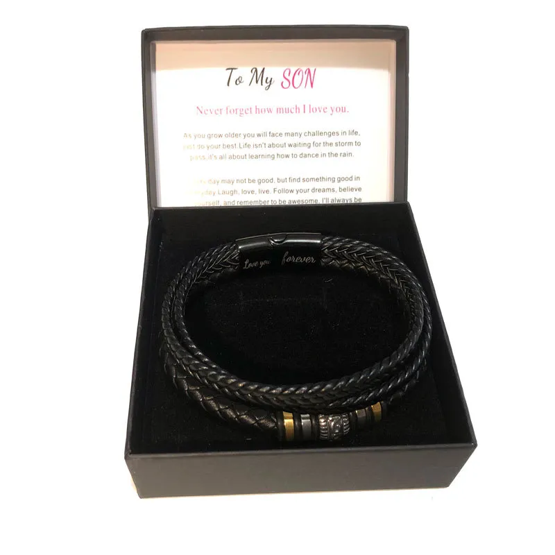 Men's Multi-layer Braided Leather Bracelet With Magnetic Clasp - Black