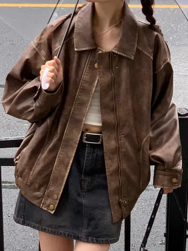 Retro Brushed Vintage Brown Leather Coat For Women Spring And Autumn Brown - Shop at LoveMi