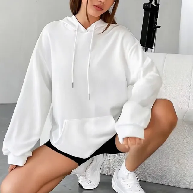 All matching Loose Drawstring Pocket Sweatshirt Long Sleeve Women White - Shop at LoveMi