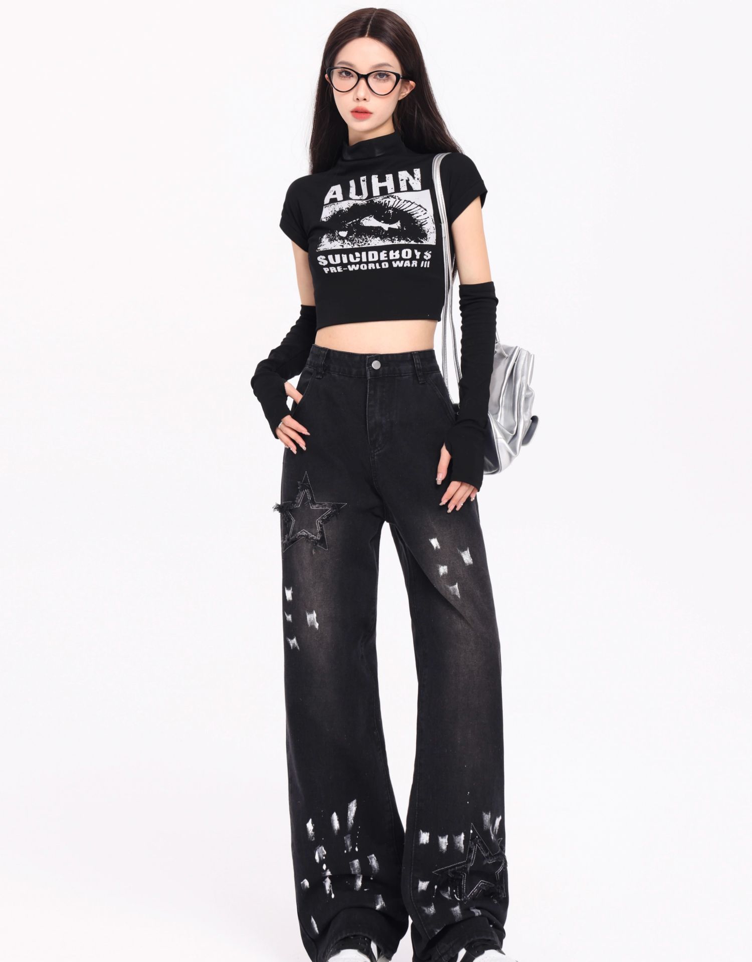 Korean Style Retro XINGX Embroidered Jeans Autumn And Winter New High Waist Splash ink Wide Leg Straight Mop Pants Black - Shop at LoveMi