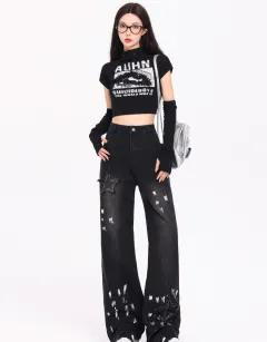 Korean Style Retro XINGX Embroidered Jeans Autumn And Winter New High Waist Splash-ink Wide Leg Straight Mop Pants - Black - View 1