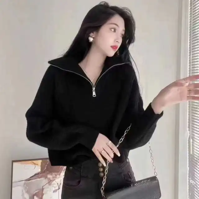 Women's Cashmere Turtleneck Zipper Pullover Sweater Black - Shop at LoveMi
