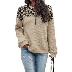 Winter New Leopard Splicing Drop Shoulder Zipper Sweater For Women - Apricot Yellow - View 1