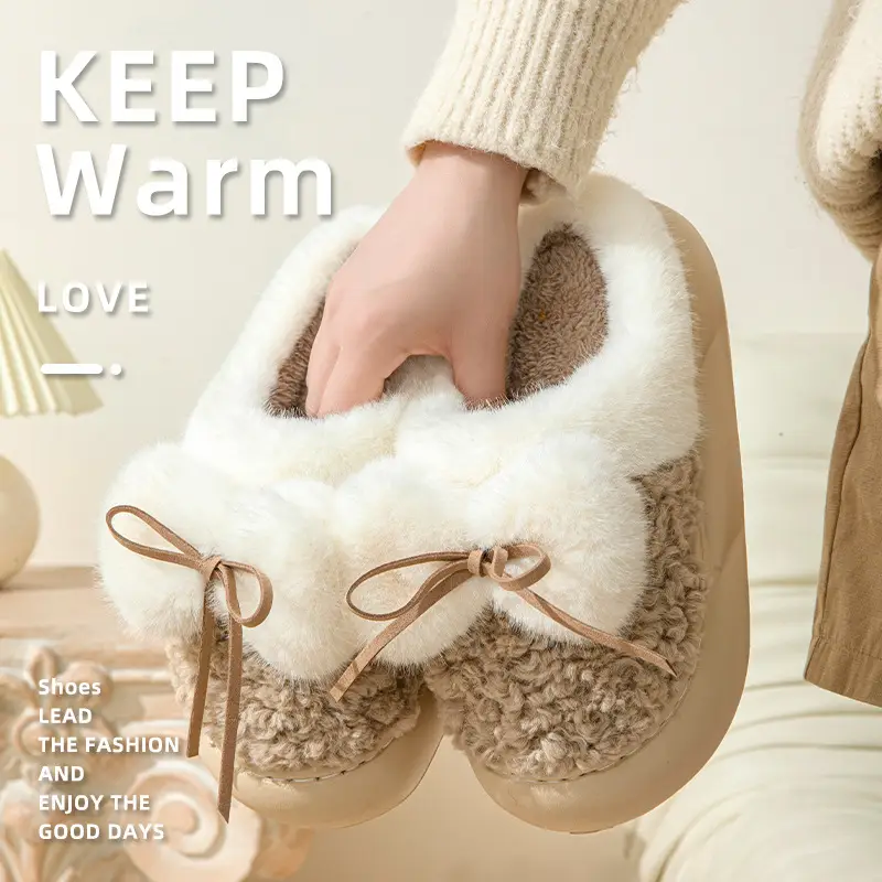 Plush Platform Bow Slippers for Women — Milk Coffee, 36or37