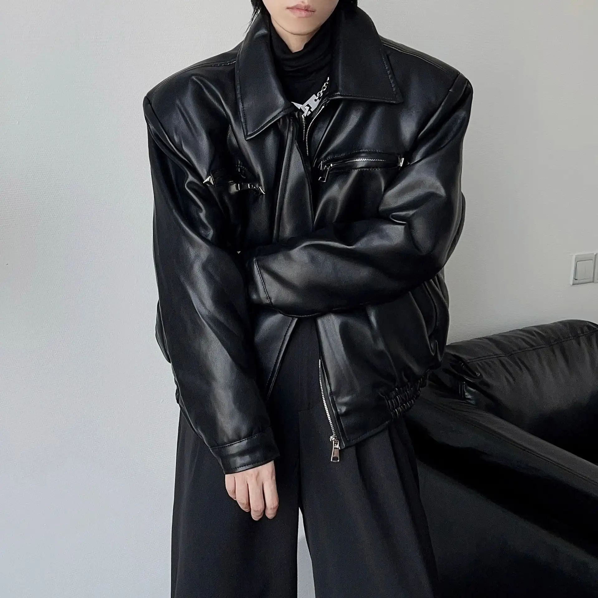 Men's High-grade Profile Casual Retro Metal Buckle Motorcycle Leather Coat