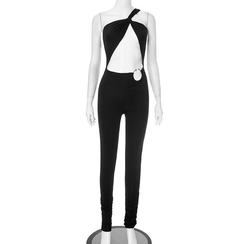 Irregular Shoulder Midriff Outfit Metal Ring Jumpsuit Black - Shop at LoveMi