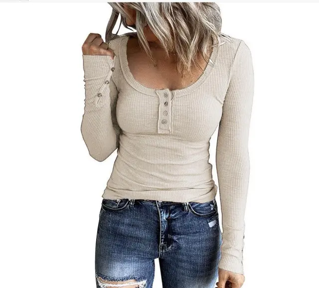 Women's Button Vest Color V neck Long Sleeve Top Apricot - Shop at LoveMi