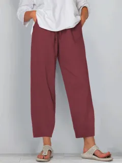 Elastic Waist Solid Colour Cotton And Linen Wide Leg Casual Trousers - Wine Red - View 1