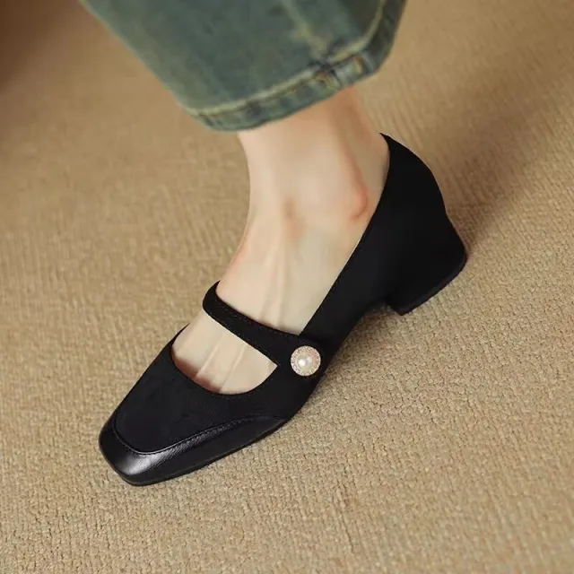 Women's Chunky Heel Suede Flat Low cut Shoes Black - Shop at LoveMi