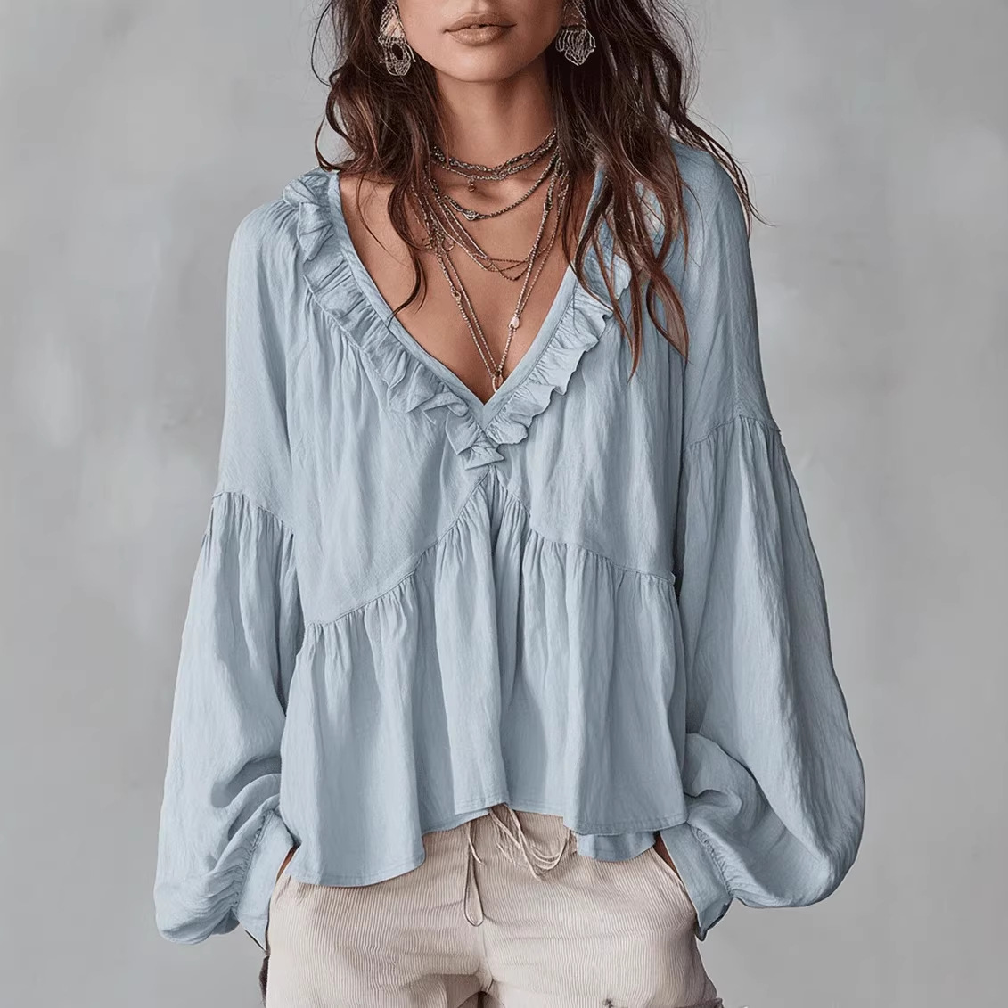 Ruffle-trimmed Puff-sleeve Pleated Blouse