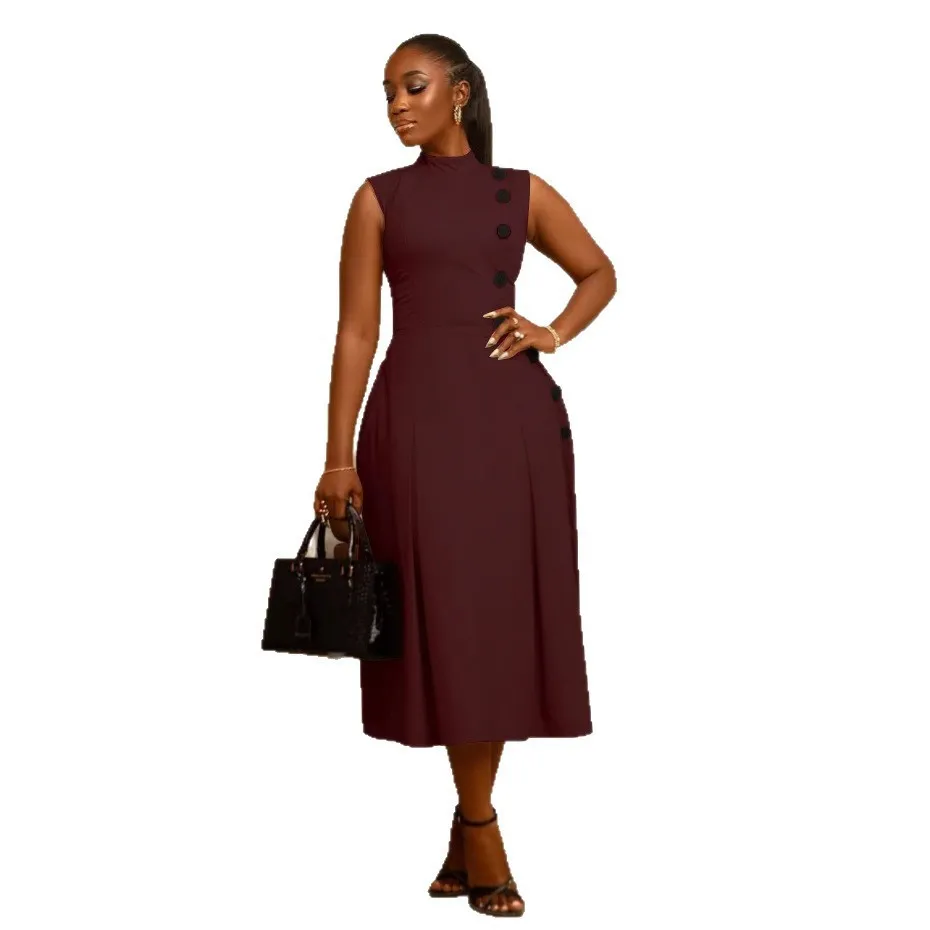 Fitted-waist Stand-collar Sleeveless Dress With Button Detailing - Red