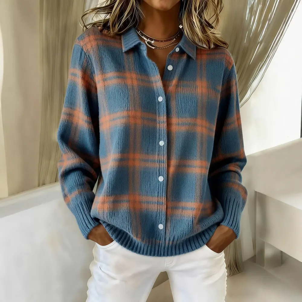 Printed Lapel Sweater Fashion Casual Long-sleeved Button Pullover Top