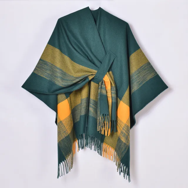 Women's Jacquard Warm Tassel Cardigan Outer Wear Green Yellow - Shop at LoveMi