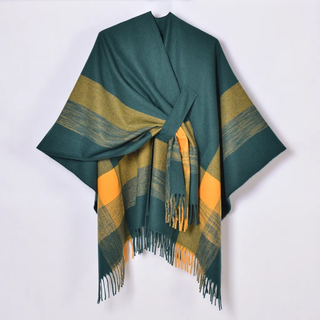 Women's Jacquard Warm Tassel Cardigan Outer Wear - Green Yellow