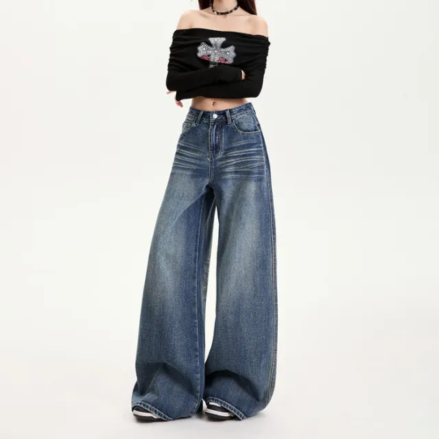 Women's Denim Loose Wide leg Pants Emerald Blue Trousers - Shop at LoveMi