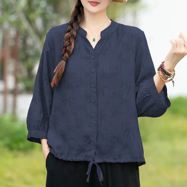 Multi Color V neck Pleated Loose Short Sleeve Shirt Dark Blue - Shop at LoveMi