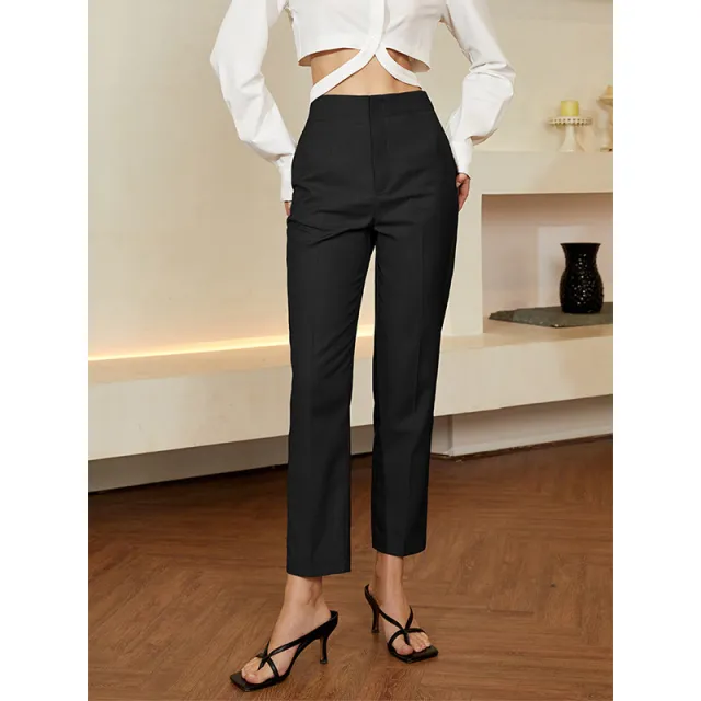 Solid Color Casual Straight leg Ankle length Suit Pants Black - Shop at LoveMi