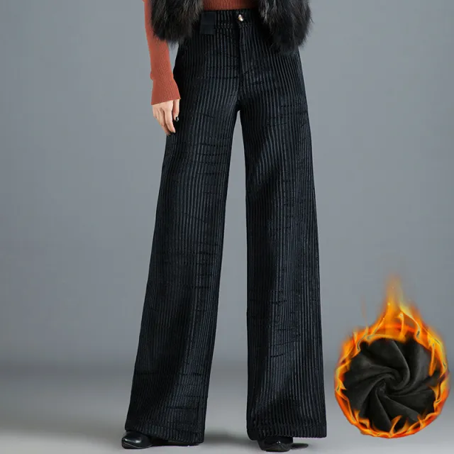 Golden thread Velvet Floor length Wide leg Pants Black Fleece Lined - Shop at LoveMi
