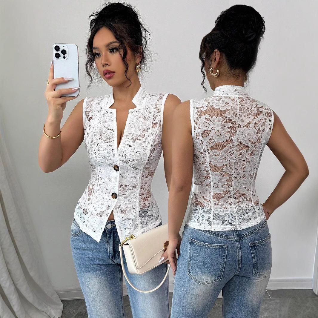 Sexy Young Hollow Chest Jacquard Design See-through Lapel Skinny Lace Cardigan