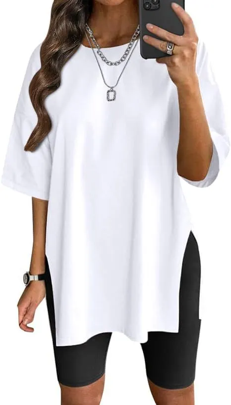 Women's Solid Color Split Short sleeved T shirt Round Neck Loose Top White - Shop at LoveMi