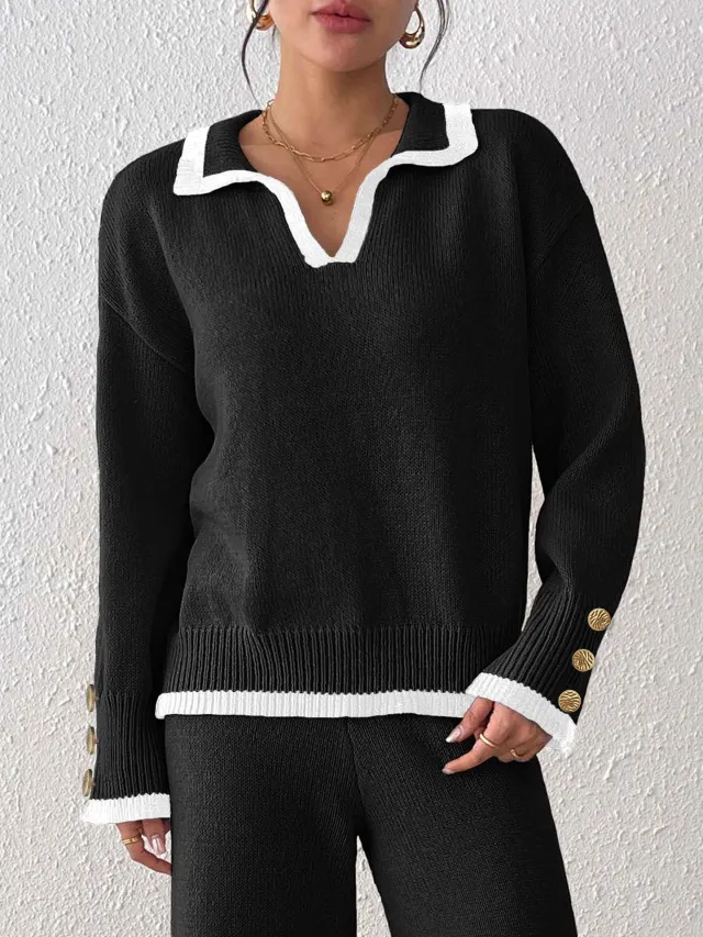 Women's Lapel Color Contrast Patchwork Gold Fastener Decoration Top Black - Shop at LoveMi