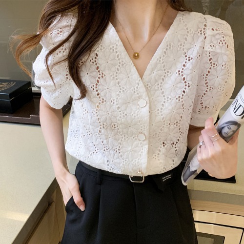 Fashion V-neck Fashion Hollowed-out Puff Sleeve Lace Shirt