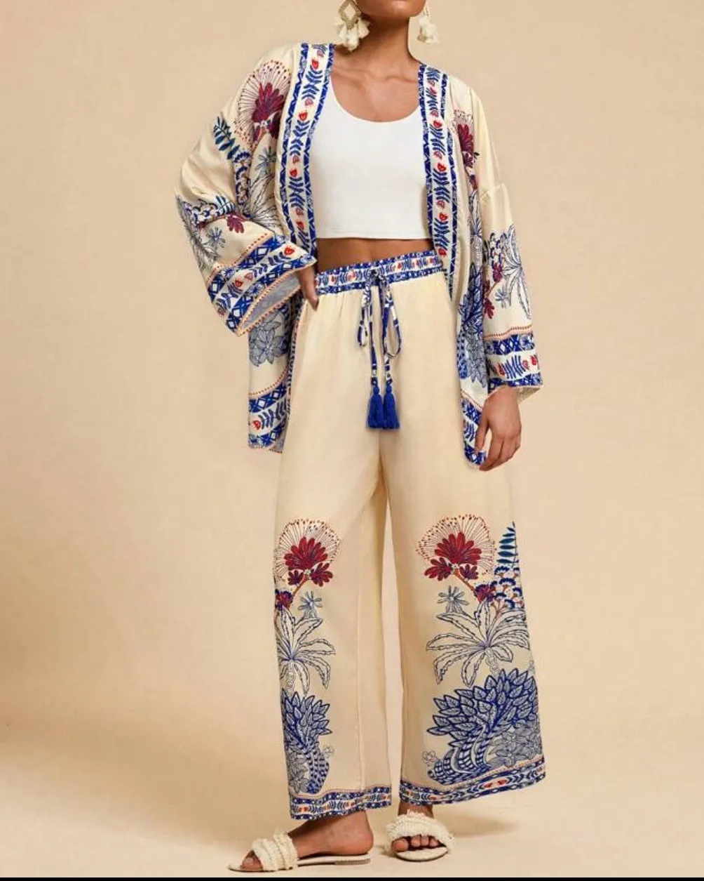 Fashion Vacation Style Printed Cardigan Long Sleeve Wide Leg Pants Two-piece Set - Blue
