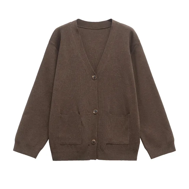 Long Sleeve Sweater Fashionable Elegant Knitted Cardigan Brown - Shop at LoveMi