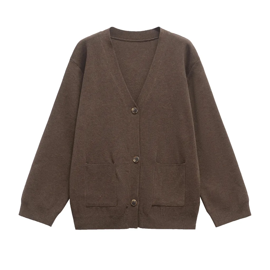 Long Sleeve Sweater Fashionable Elegant Knitted Cardigan - Brown