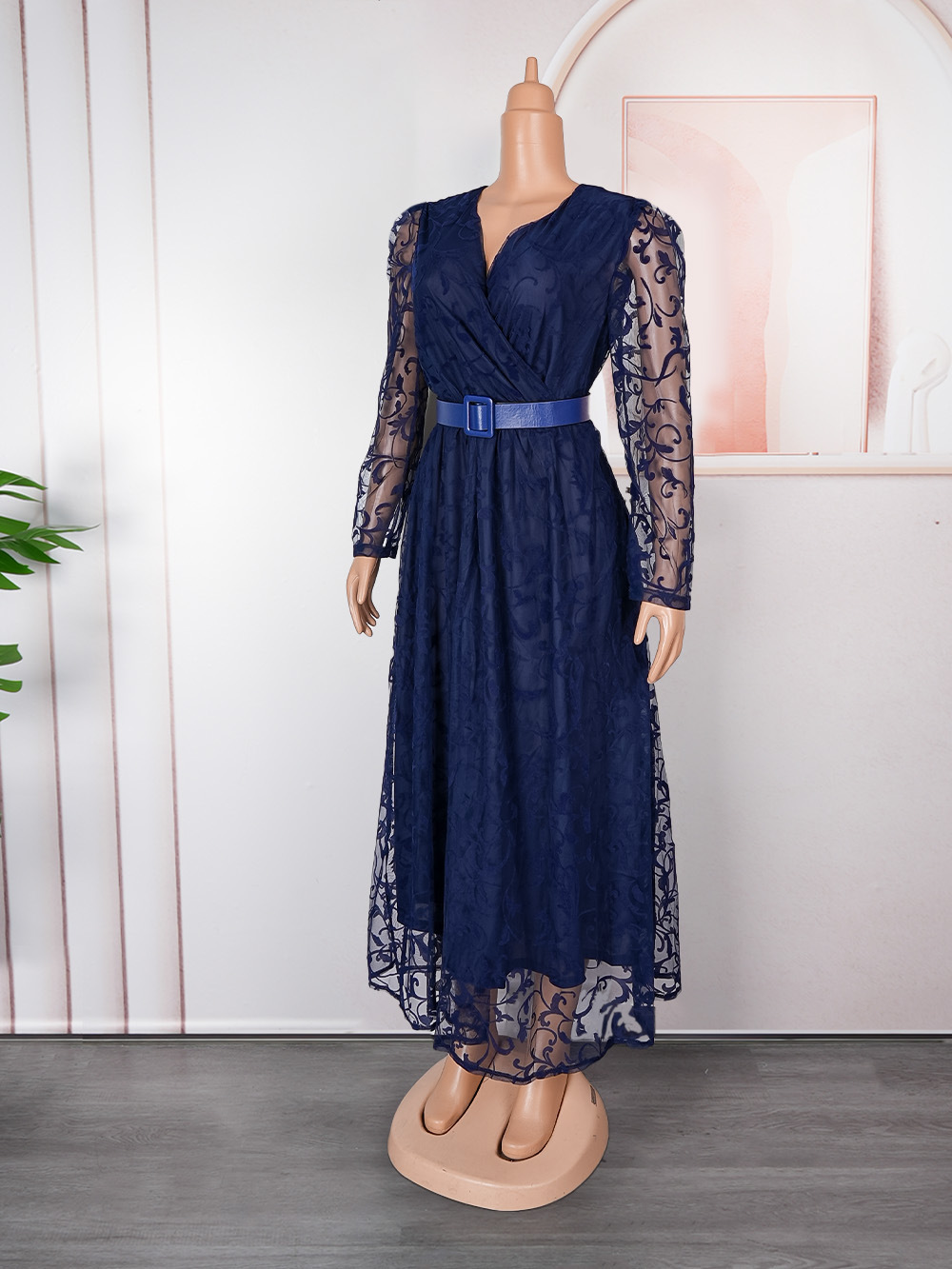 V-neck Long Sleeve Mesh Dress Women - Image 4