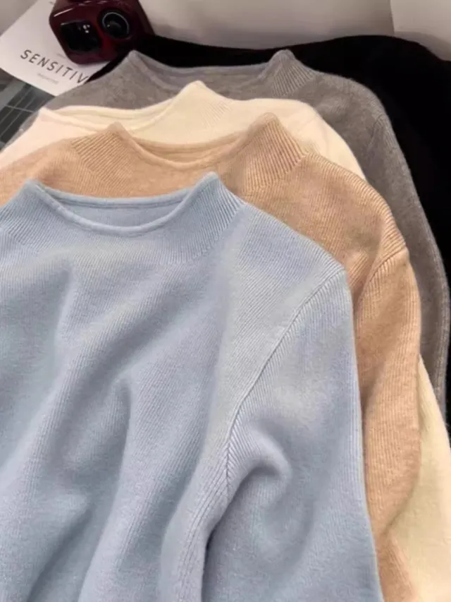 Simple Casual Stand Collar Shoulder Long Sleeve Sweater Milk Blue - Shop at LoveMi