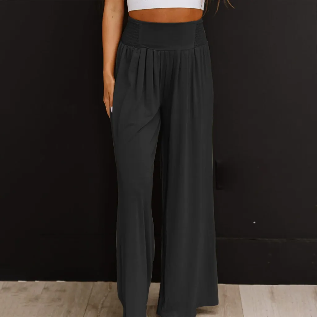Women's Casual Cotton And Linen Smocking Distressed Mid-waist Trousers - Black