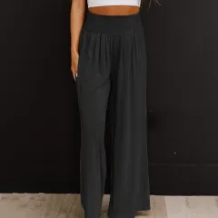 Women's Casual Cotton And Linen Smocking Distressed Mid-waist Trousers - Black - View 1